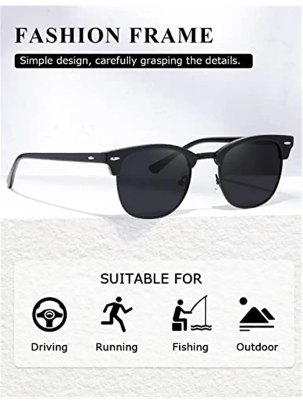 Retro Black Polarized Sunglasses Men Women UV400 Semi Rimless Classic Shades